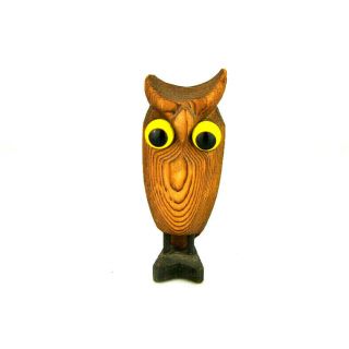 Vintage Mid Century Hand Carved Cryptomeria Wood Owl Glass Eyes Japan 3 1/2 "