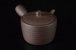 X556: Japanese Banko - Ware Brown Pottery Ring Line Sculpture Teapot Kyusu Sencha