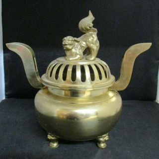 Vintage Heavy Brass Incense Burner With Dragon Lid Made In Japan - 4.  10 Lbs