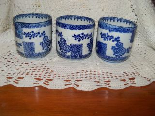 3 Vtg Antique Chinese Export Oriental Genre Tea Cups Stoneware Glazed Blue
