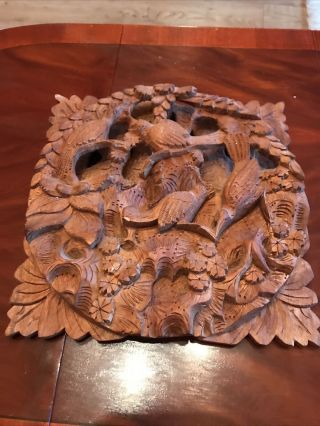 Vintage Carved Wooden Wall Plaque Birds In Foliage
