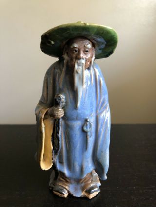 Antique Chinese Mud Man Pottery Old Man W Hat Beard Cane Statue Figure Signed