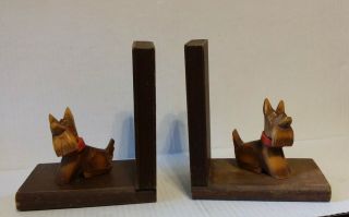 Vintage Wood Carved " Scottie Dog " Book Ends Adjustable Head - A1