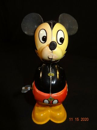 Linemar Disney " Mickey Mouse Whirling Tail " Tin Lithographed Wind - Up Toy