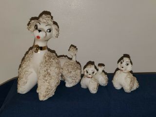 Vintage White Spaghetti Poodle With Two Puppies Porcelain Marked Japan Gold