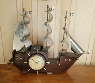 Vintage Clocks United Clock Cherry Wood Mantle Ship Sail Nautical Boat Timepiece
