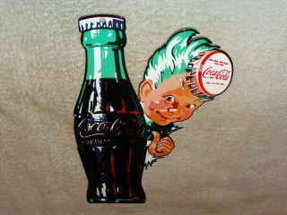 Vintage Sprite Boy W/ Coca Cola Bottle 11 3/4 " Metal Soda Pop Gasoline Oil Sign
