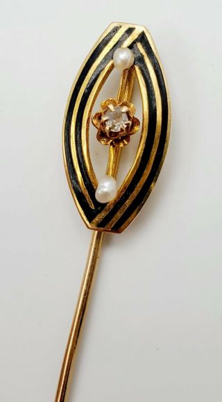 Antique Victorian 14k Yellow Gold Black Enamel Seed Pearl & Diamond Stick Pin