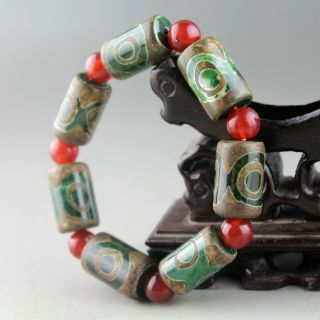 Exquisite China Old Jade Hand - Carved Three Sky Eyes Agate Beads Bracelets 0601