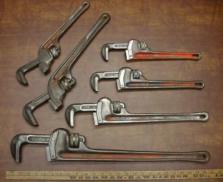 6 Vntg Ridgid Heavy Duty Pipe Wrenches,  24 ",  18 ",  14 ",  12 ",  & Angled End E14 & E18