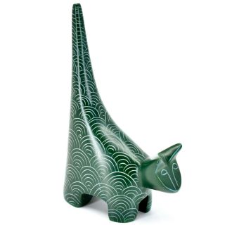 Tabaka Chigware Hand Carved Kisii Soapstone Green Tail Up Cat 4.  75 " Figure