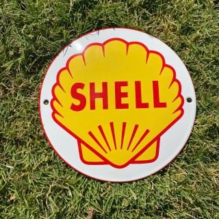 Vintage Golden Shell Oil 6 " Porcelain Metal Enamel Push Store Gasoline Sign