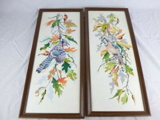 Pr Vtg 1958 Paint By Numbers Craftint Blue Jays Birds 10x24 Scolding Resting