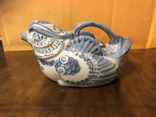 Vtg Chinese Porcelain Phoenix Bird Blue & White Teapot W/lid Marked 4.  25” High
