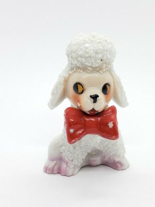 Vintage Kitsch White Spaghetti Poodle With Red Bow Tie Japan 2 1/2 "