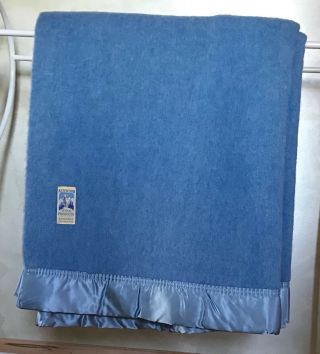 Vintage Kenwood Wool Products Ramcrest Blue Blanket W/ Satin Binding 74 X 84 Euc