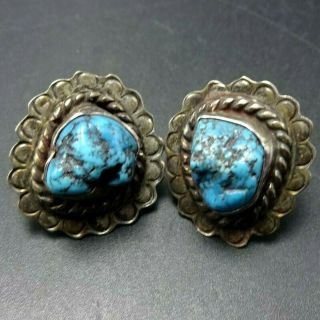 Classic Vintage Navajo Sterling Silver High Blue Turquoise Nugget Earrings
