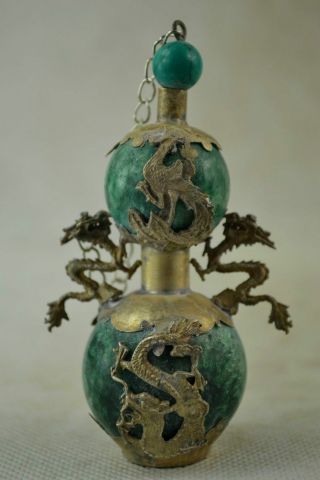 Delicate Chinese Silver Dragon Phoenix Inlaid Jade Handwork Snuff Bottle