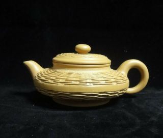 Rare Fine Chinese Yixing Hand Carving " Zisha " Pottery Bamboo Basket Teapot Mark