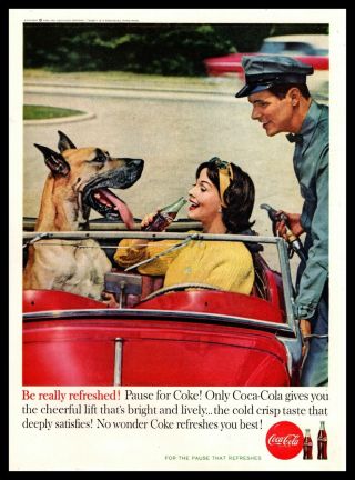 1960 Coca Cola Soft Drink Soda Pop Great Dane Dog In Convertible Coke Print Ad