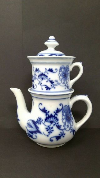Vintage Blue Onion Stacking Teapot / Coffee Pot With Strainer