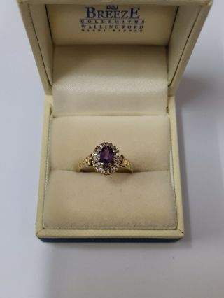 9ct Yellow Gold Amethyst And Diamonds Ring Vintage