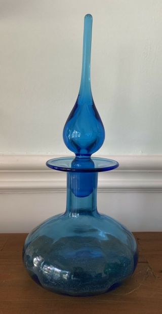 Vtg Blue Hand Blown Rainbow Glass Mid Century Decanter Genie Bottle Art Glass