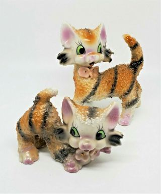 Vintage Orange Tiger Strip Tabby Cat Kitten Figurine Pink Flower Porcelain Japan
