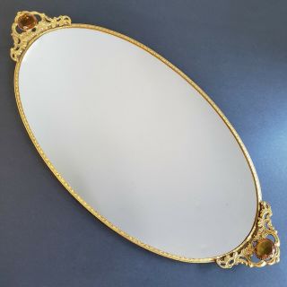 Vintage Ormolu Vanity Mirror Tray 21 " Long With Amber Jewels And Handles Gold