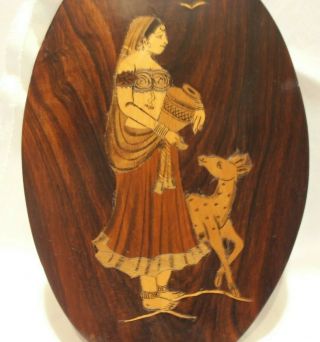 Vintage Wood Plaque Inlaid Marquetry Indian Figure & Deer Wall Art Picture Art