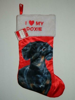 Dachshund Xmas Stocking I Love My Doxie Wiener Sausage Dog Black Tan Silky