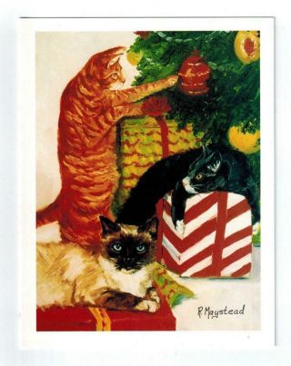 3 Cats & Christmas Tree Holiday Greeting Card Set - 12 Cards By Ruth Maystead