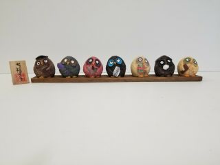 Japanese Owls Figurine W/ Wood Display Board,  Set Of 7