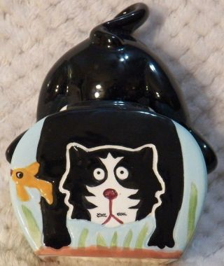 Clay Art Ceramic Cat In A Fishbowl Stackable Salt & Pepper Shakers