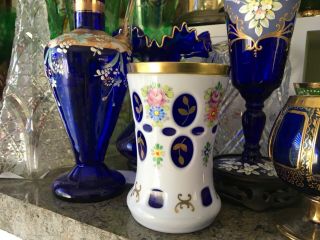 Vintage Moser Bohemian Czech White Cased Cut To Cobalt Glass Vase 5” Tall Gilded