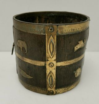 Vintage C1900 Eastern Oriental Elephant Wood & Brass Peat Bucket Planter Pot
