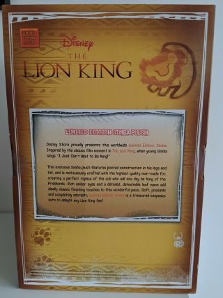 DISNEY STORE THE LION KING SIMBA PLUSH LIMITED EDITION OF 3500 3