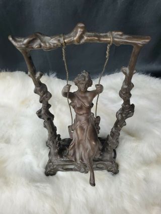 Vintage Bronze Figure Auguste Moreau Art Nouveau " Woman On A Swing " Desk Statue