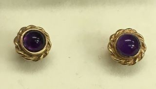 Vintage 9ct Gold Earrings With Amethyst Cabochon 8.  30mm In Diameter 2.  1g