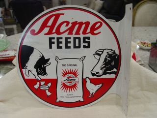 Vintage Acme Feeds Farm Animal Food 2 - Sided Metal Advertising Flange Sign