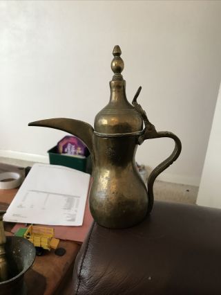 Vintage Middle Eastern Brass Coffee Pot With Makers Mark
