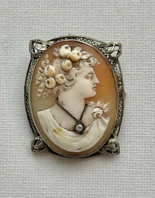 Antique Vintage 14k Gold And Diamond Shell Cameo Pendant Brooch Pin
