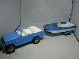 Vintage Blue Tonka Jeep Jeepster With Tonka Boat & Trailer W Hook