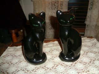 2 Vintage Mid Century Black Cat Figurines W/green Eyes