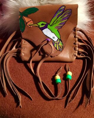 Hummingbird,  Handmade,  Painted Lambskin Medicine Bag,  With Fringe & Pony Beads.