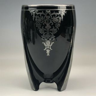 Vintage Art Deco Bohemian Czech Sterling Silver Overlay Black Art Glass Vase Sjs