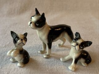3 Vintage Miniature Boston Terrier Puppy Dog Figurine Bone China Japan 1.  5 "