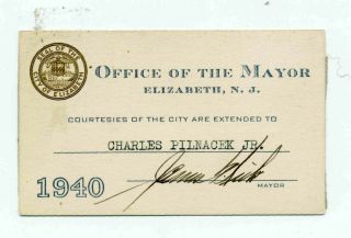 1940 Courtesy Card,  Office Of The Mayor,  Elizabeth,  Jersey,  Police