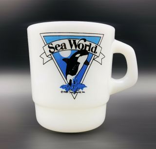 Vintage 1989 Sea World Shamu Fire King Milk Glass Souvenir Coffee Mug Cup Blue