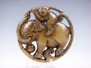 Old Nephrite Jade Carved Pendant Sculpture Baby Riding Elephant 11262002